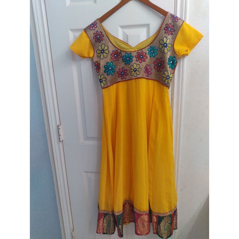 Vibrant Yellow Floral Empire Waist‎ Dress Embroidered Bodice and Decorative Hem
